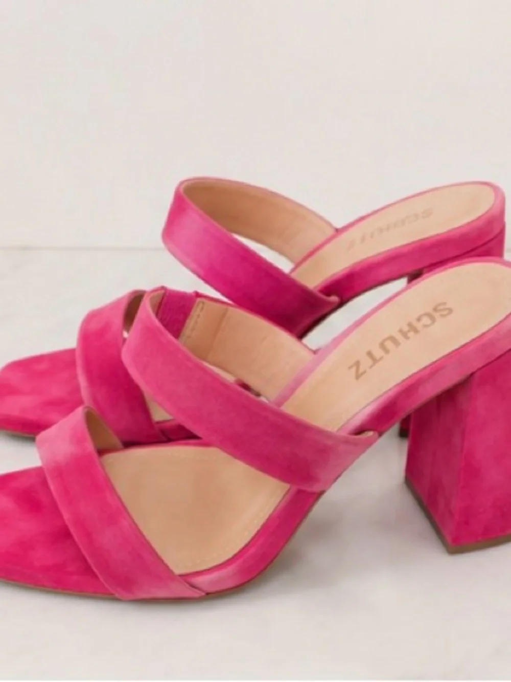SCHUTZ Hot Pink Suede Double-Strap Block Heel Sandals